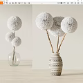 White Pompom Flowers in Clear Glass and Geometric Ceramic Vase for Home Decor