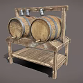 Sturdy Vintage Wooden Barrel Rack With Two Barrels And Lower Shelf