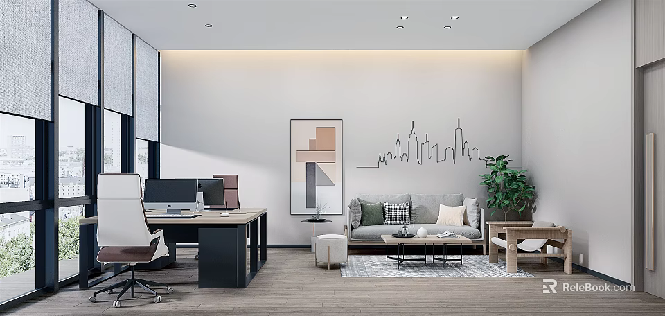 Modern Office Interior With Desk Chair Sofa Plant And City Skyline Wall Art 3d model 
