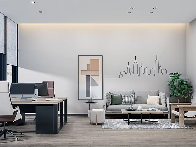 Modern Office Interior With Desk Chair Sofa Plant And City Skyline Wall Art 3d model
