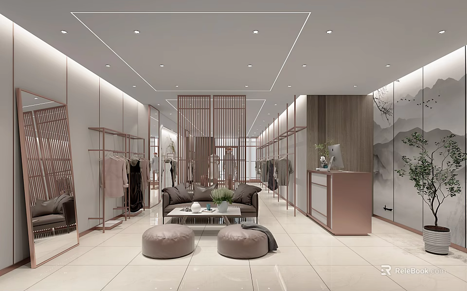 Modern Elegant Clothing Store Interior With Clothing Racks Sofa Mirrors Plants And Front Desk 3d model 