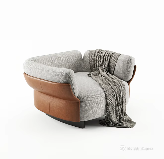 Modern Single Sofa with Gray Fabric Brown Leather Armrests and Throw Blanket 3d model 
