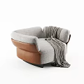 Modern Single Sofa with Gray Fabric Brown Leather Armrests and Throw Blanket