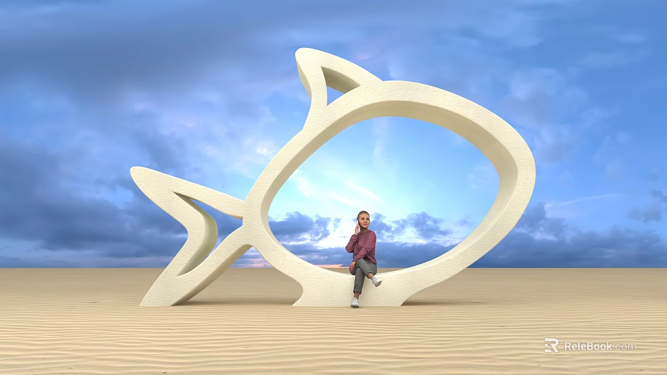 White Fish Shaped Sculpture Photo Spot With Person Sitting And Blue Sky Sandy Ground 3d model 