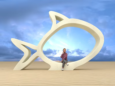 White Fish Shaped Sculpture Photo Spot With Person Sitting And Blue Sky Sandy Ground 3d model