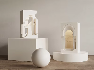 White Wall Lamp with Arched Structure on White Pedestals Against Gray Wall and Wooden Floor 3d model