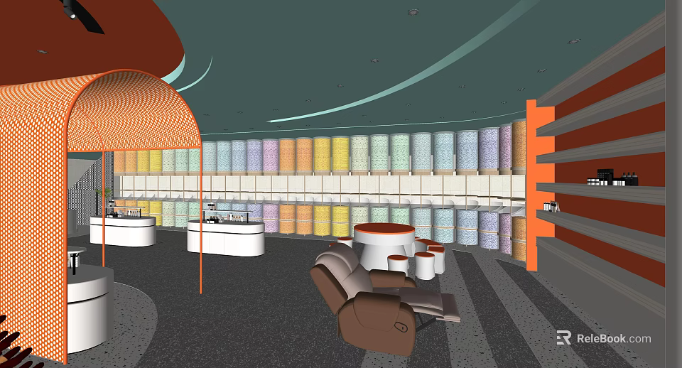 Modern Specialty Store Interior With Colorful Display Shelves And Comfortable Seating Area 3d model 