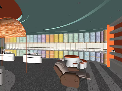 Modern Specialty Store Interior With Colorful Display Shelves And Comfortable Seating Area 3d model