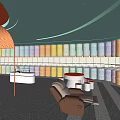 Modern Specialty Store Interior With Colorful Display Shelves And Comfortable Seating Area