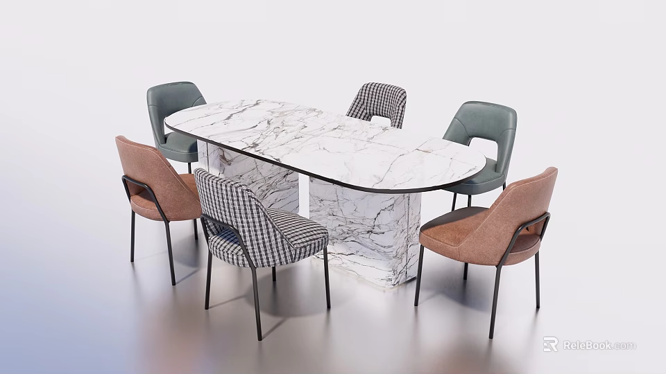 Elegant Dining Table Set With White Marble Tabletop And Checkered Colored Upholstered Chairs 3d model