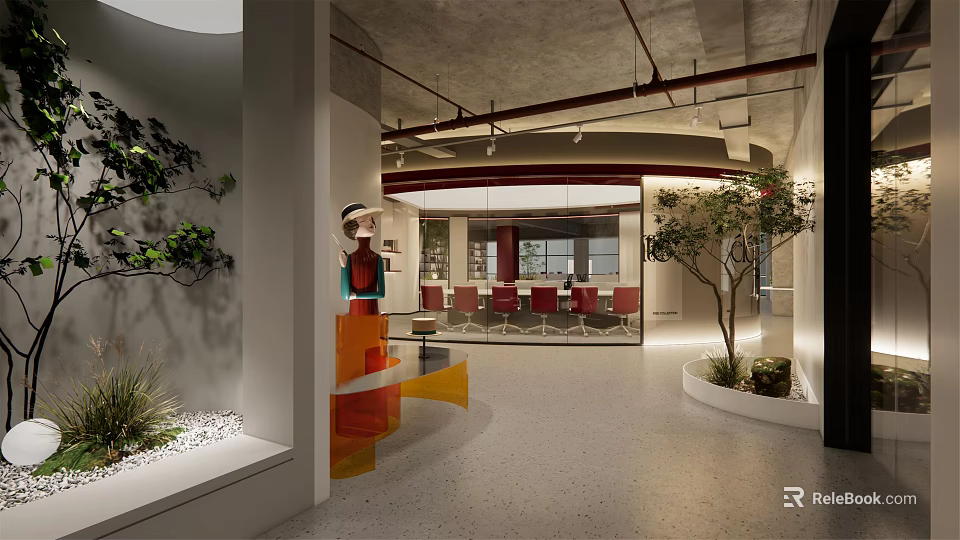 Modern Office Corridor with Green Plants Tree Orange Geometric Decorations and Red Chairs Meeting Room 3d model 