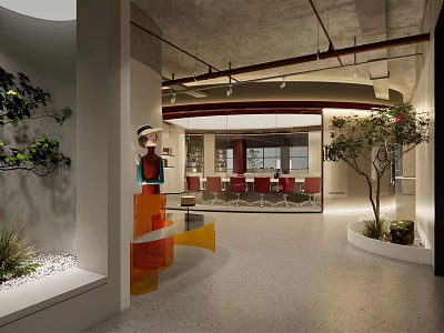 Modern Office Corridor with Green Plants Tree Orange Geometric Decorations and Red Chairs Meeting Room 3d model