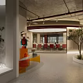 Modern Office Corridor with Green Plants Tree Orange Geometric Decorations and Red Chairs Meeting Room