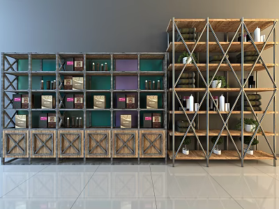 Wooden And Metal Storage Shelves With Colorful Compartments Boxes Bottles And Plants 3d model