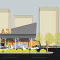 Modern Entrance Area With Vehicles Canopy Structure Buildings And Trees