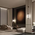 Modern Hotel Public Lounge Area with Plush Seating Warm Lighting and Decorative Wall Art