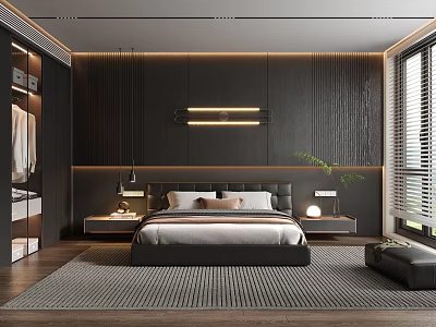 Modern Bedroom Interior With Dark Walls Bedside Lamps Nightstands Blinds Hanging Lights And Rug 3d model