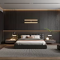 Modern Bedroom Interior With Dark Walls Bedside Lamps Nightstands Blinds Hanging Lights And Rug