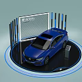 Showcase Shelves with Blue Car Display Featuring Vertical Bars Grid Screen and Circular Platform