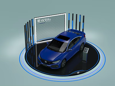 Showcase Shelves with Blue Car Display Featuring Vertical Bars Grid Screen and Circular Platform 3d model