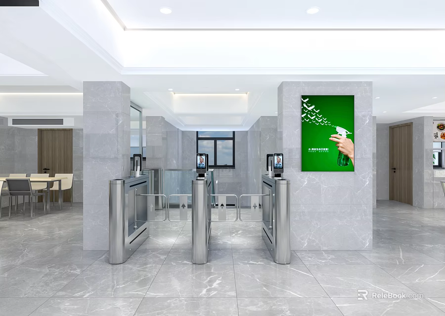 Modern Restaurant Entrance Hall Featuring Silver Turnstiles Marble Columns And Green Billboard 3d model 