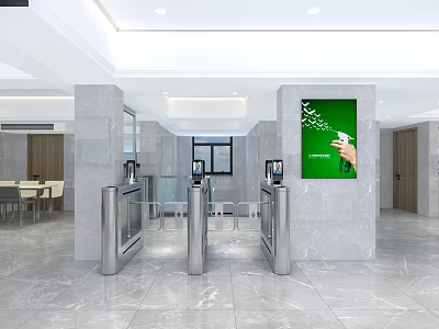 Modern Restaurant Entrance Hall Featuring Silver Turnstiles Marble Columns And Green Billboard 3d model