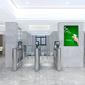 Modern Restaurant Entrance Hall Featuring Silver Turnstiles Marble Columns And Green Billboard