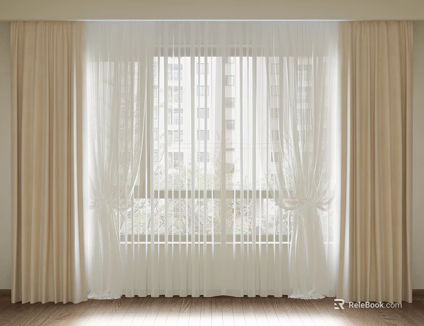White Sheer And Beige Fabric Double Layer Curtains For Window Interior View 3d model 