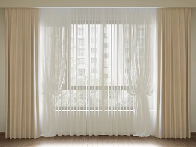 White Sheer And Beige Fabric Double Layer Curtains For Window Interior View 3d model