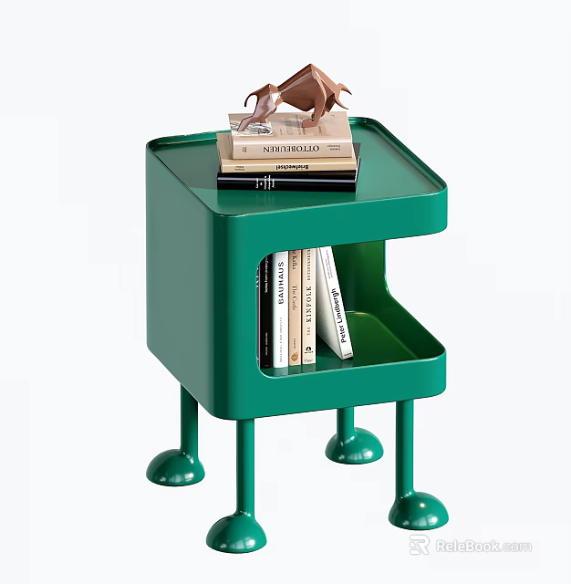 Green Modern Nightstand With Open Shelf Round Legs And Stacked Books 3d model 