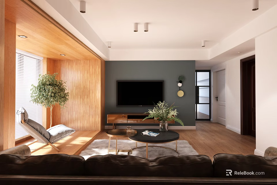 Modern Cozy Sunlit Living Room With Wooden Decor Leather Sofa And Elegant Round Coffee Tables 3d model 