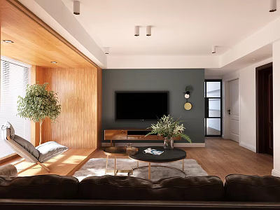 Modern Cozy Sunlit Living Room With Wooden Decor Leather Sofa And Elegant Round Coffee Tables 3d model