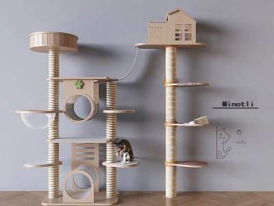 Modern Wooden Cat Tree Design With Multi level Platforms And House Shape Top 3d model