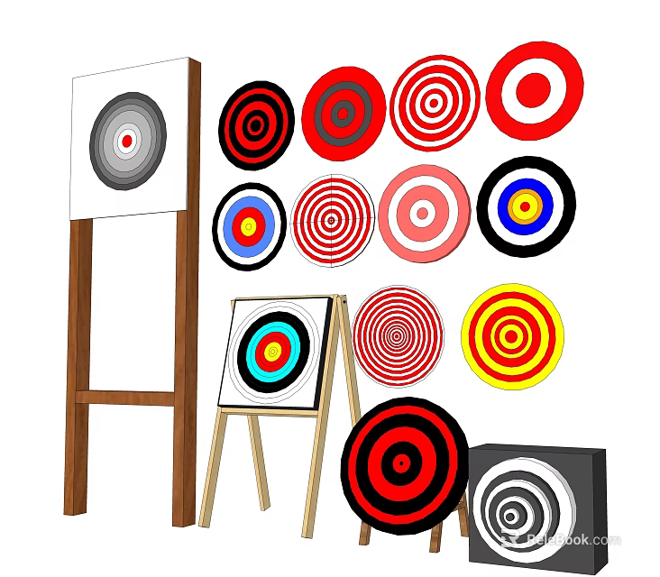 Sports Equipment With Various Colorful Circular Targets And Wooden Target Stands 3d model 