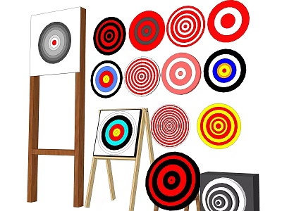 Sports Equipment With Various Colorful Circular Targets And Wooden Target Stands 3d model