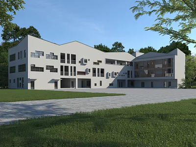 Modern School Building Exterior With Green Lawn Surrounding Trees And Blue Sky 3d model