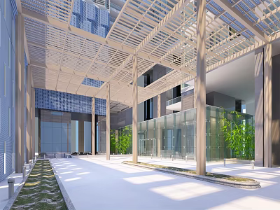 Wooden Pergola With Open Lattice Ceiling Green Plants And Natural Light In Building Courtyard 3d model