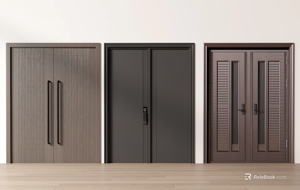 Modern Double Doors With Various Designs Including Vertical Stripes Solid Panels And Louvers 3d model 