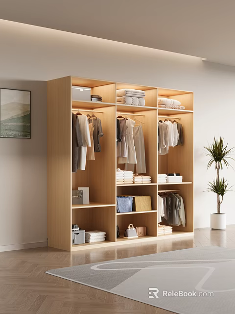 Modern Wooden Wardrobe Interior With Open Shelves Hanging Clothes And Storage Boxes 3d model 