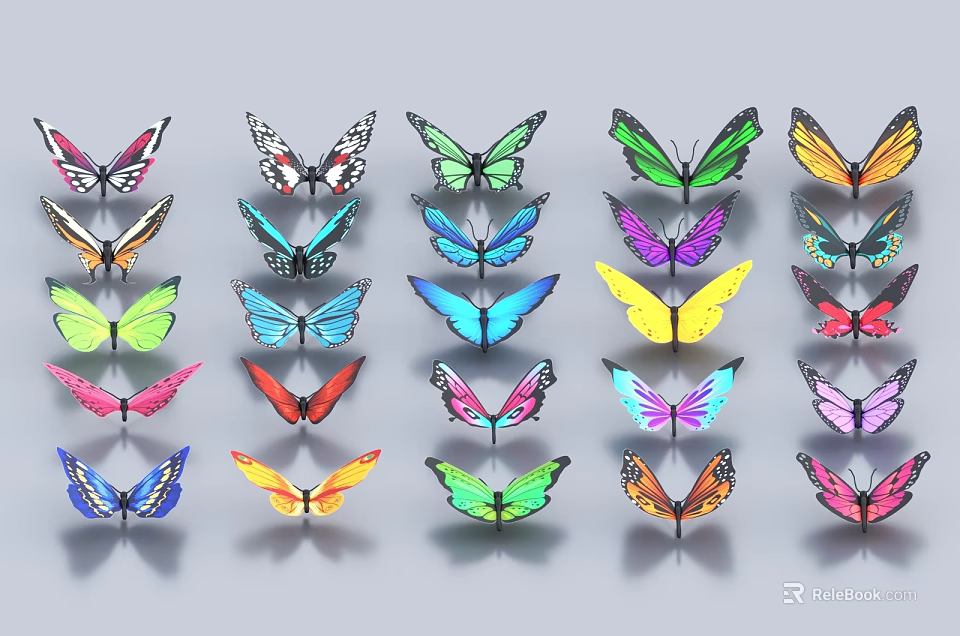 Beautiful Colorful Butterflies with Various Colors Arranged in Rows on Gray Background 3d model 
