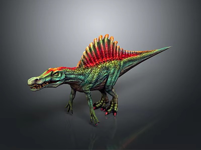 3D Animated Spinosaurus Dinosaur Character With Colorful Red Yellow Sail And Green Body 3d model