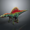 3D Animated Spinosaurus Dinosaur Character With Colorful Red Yellow Sail And Green Body