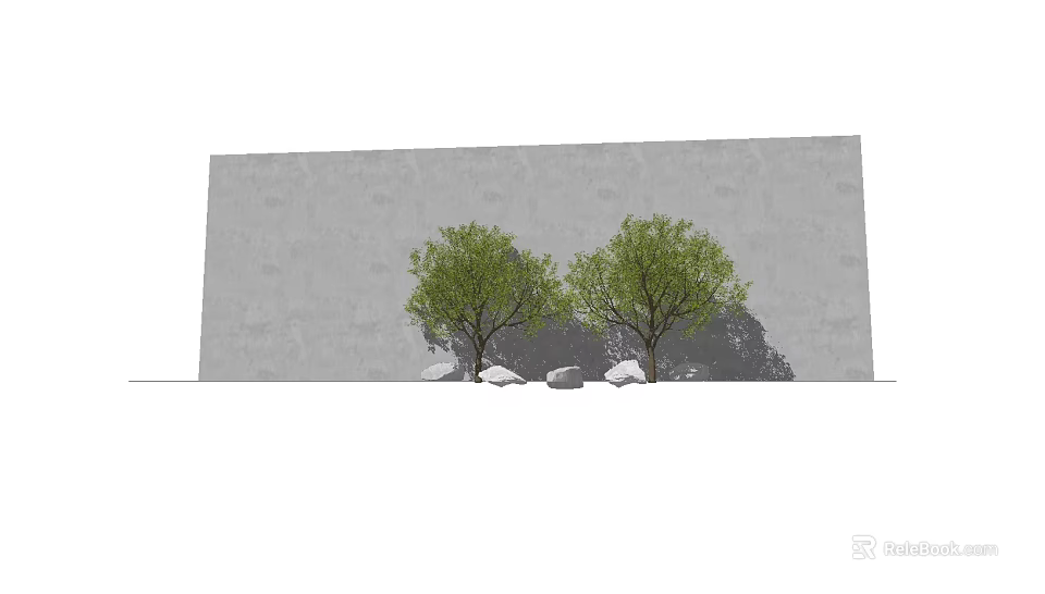 Two Green Arbor Trees Against Gray Wall With Stones In Front 3d model 