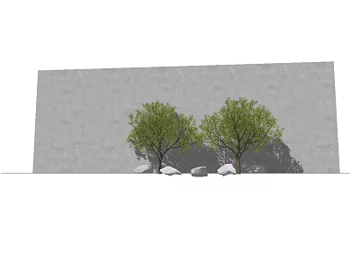 Two Green Arbor Trees Against Gray Wall With Stones In Front 3d model