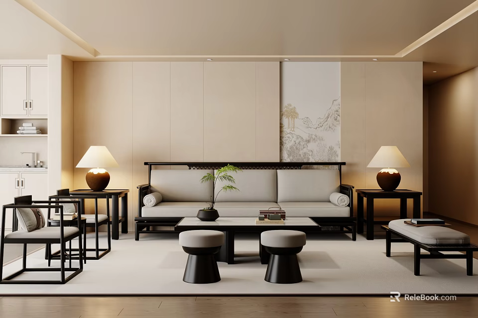 Modern Living Room Sofa Coffee Table Set With Neutral Tones And Wooden Accents 3d model 
