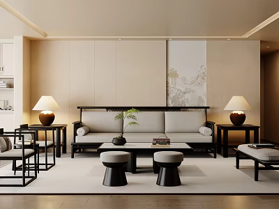 Modern Living Room Sofa Coffee Table Set With Neutral Tones And Wooden Accents 3d model