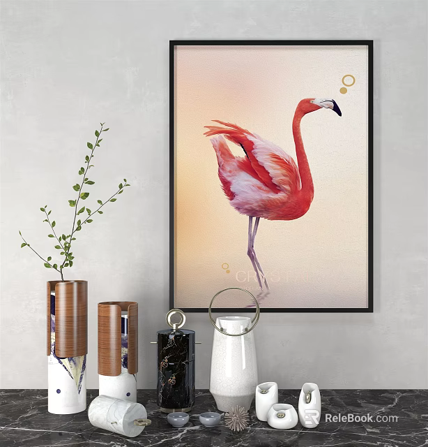 Elegant Flamingo Wall Art With Decorative Vases And Home Decor Accents 3d model 