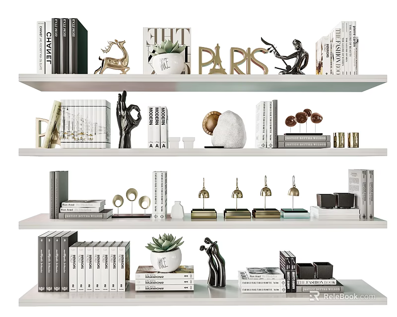 Modern Decorative Ornament Collection On White Shelves With Books Sculptures And Plants 3d model 