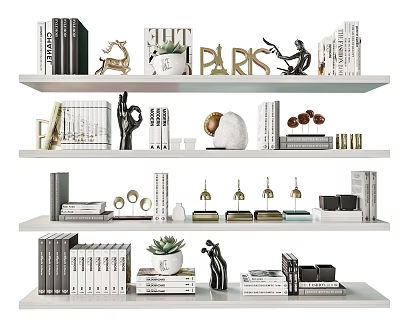 Modern Decorative Ornament Collection On White Shelves With Books Sculptures And Plants 3d model