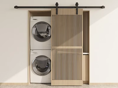 Wooden Louvered Sliding Door For Laundry Area With Stacked Washing Machines 3d model